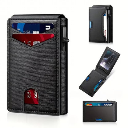 Wallet - With Pop Up Aluminum Case Money Clip Slim Leather Slots Credit Card Holder RFID Blocking Bifold Minimalist Wallet