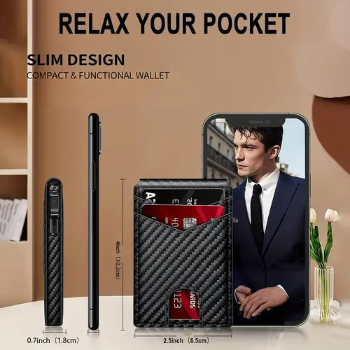 Wallet - With Pop Up Aluminum Case Money Clip Slim Leather Slots Credit Card Holder RFID Blocking Bifold Minimalist Wallet