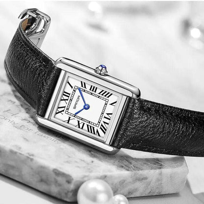 Quadratische Uhr aus Edelstahl und schwarzem Leder | Solstice