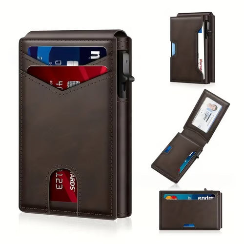 Wallet - With Pop Up Aluminum Case Money Clip Slim Leather Slots Credit Card Holder RFID Blocking Bifold Minimalist Wallet